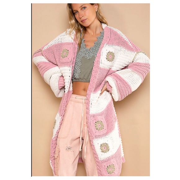 $55 start ❤️POL hand knit square patch striped long chenille cardigan sweater - Picture 2 of 4